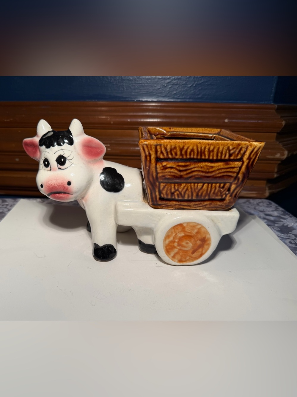 Vintage hand-painted ceramic cow pulling a cart planter, MCM